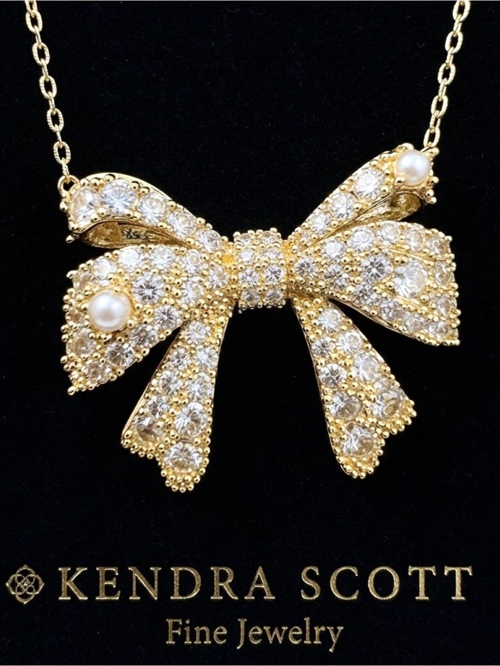 Kendra Scott CRYSTAL GOLD BOW Necklace “Krista” W/Pearls Delicate Chain